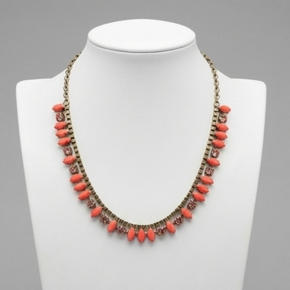 J. Crew Coral Pink & Rhinestone Statement Necklace - Muted Gold Tone - Picture 5 of 7